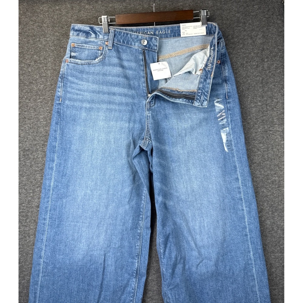 NWT American Eagle Baggy Wide Leg Jeans Women 12 Blue Super High Rise Flare Chic - Picture 2 of 16